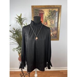 H&M Top Womens M Black Ruffle Smocked Mock Neck Victorian Revival Goth Chic